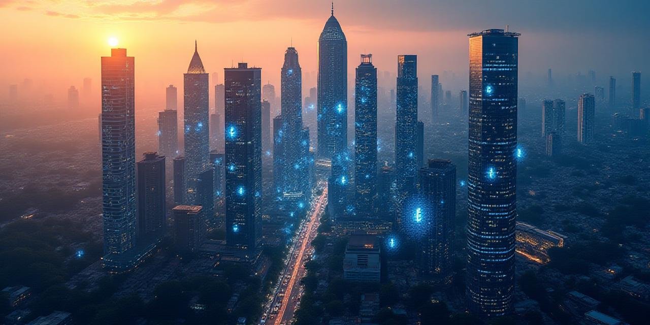 Panoramic view of modern Indian financial district with digital overlay symbols