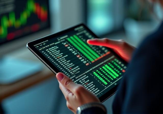 Stock market charts on a high-tech tablet screen